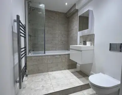 Modern bathroom renovation in Leytonstone shop to flat conversion London
